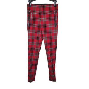 Zara Size Small Tartan Plaid Skinny Pants Fuax Zipper Front Pockets High Rise